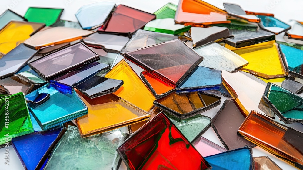 Poster vibrant multicolored glass pieces scatter across a white surface creating an artistic mosaic display