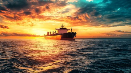 Cargo ship at sunset. Concept of global trade and maritime transport.