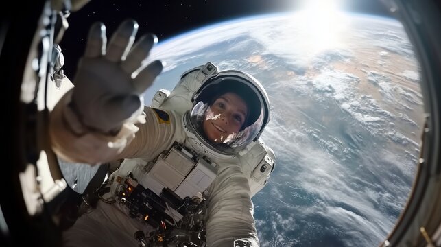 An Astronaut Posing in a Space Suit During a Spacewalk Outside a Spaceship, Satellite,  Station, Earth Background. Spacewoman Looking at Camera, Smiling, and Waving Hello Next to an Entrance Hatch. - Powered by Adobe