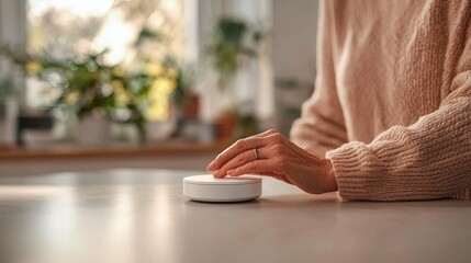 Fototapeta premium Close-Up of a Person's Hand Gently Pressing a Round Smart Home Device on a Table Surrounded by Peaceful Greenery in a Bright Room