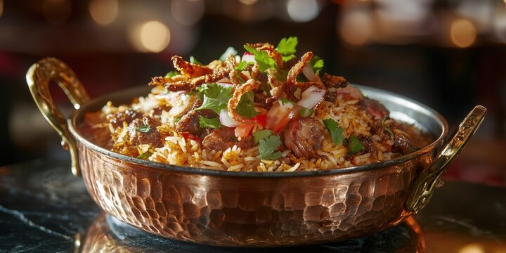 Delicious Mutton Biryani in a Copper Handi: Aromatic Spices and Tender Meat