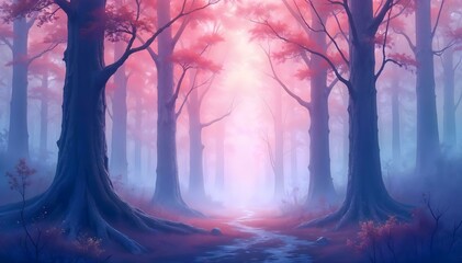 Obraz premium Fantasy landscape with foggy forest, path, road and trees