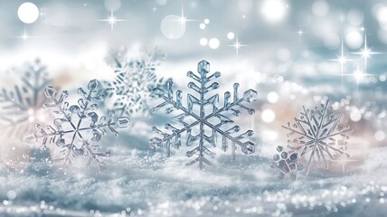 Magical Winter Scene with Crystalline Snowflakes Resting on a Soft Snowy Surface, Dreamy Background with Bokeh and Twinkling Stars