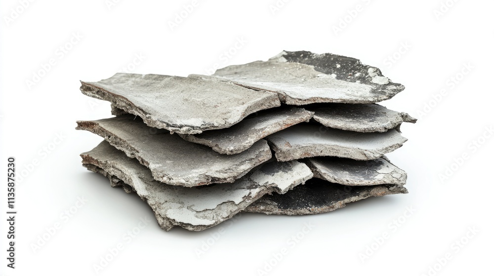 Poster Stacked Layers of Aged, Weathered Building Material Containing Cracked, Flaking Surfaces with Textured Patterns on a Minimal White Background