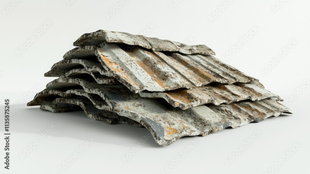 Poster stacked corrugated metal sheets with rust and weathering in bright light for industrial and construc