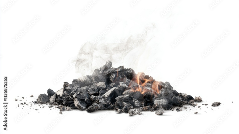 Poster smoldering pile of ash and charcoal with wisps of smoke rising, isolated on a white background for u