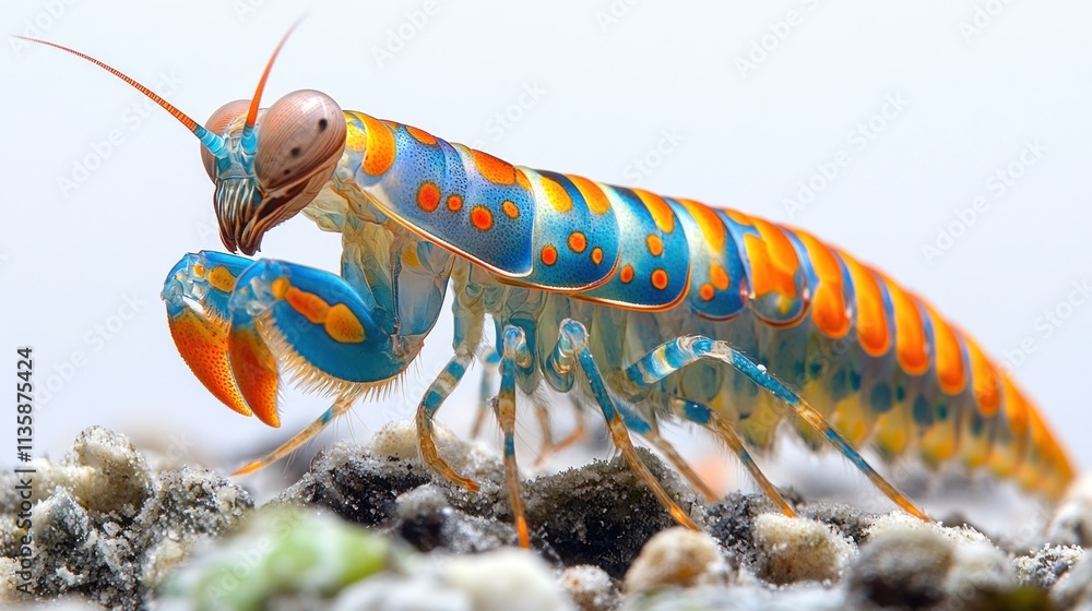Poster a vibrant close-up of a mantis shrimp showcasing its colorful exoskeleton and unique features.