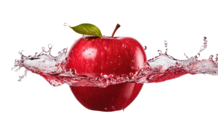 red apple with water drops splash isolated on a white transparent background 