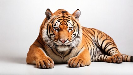 Obraz premium Orange Bengal tiger - Panthera tigris - is the largest living cat species and a member of the genus Panthera native to Asia, laying looking at camera front face view isolated on white background 