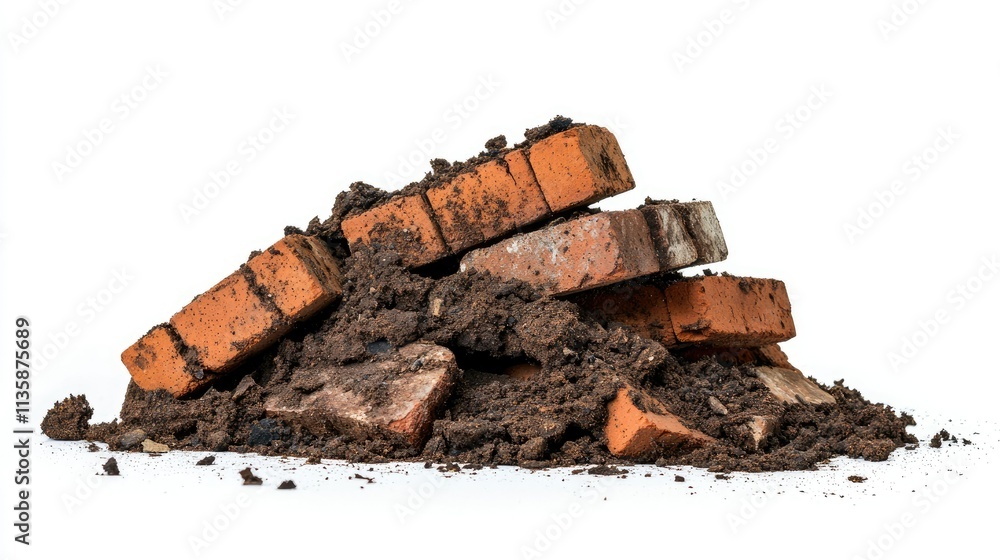 Aufkleber pile of weathered bricks and dirt on white background showing texture and color variation ideal for 