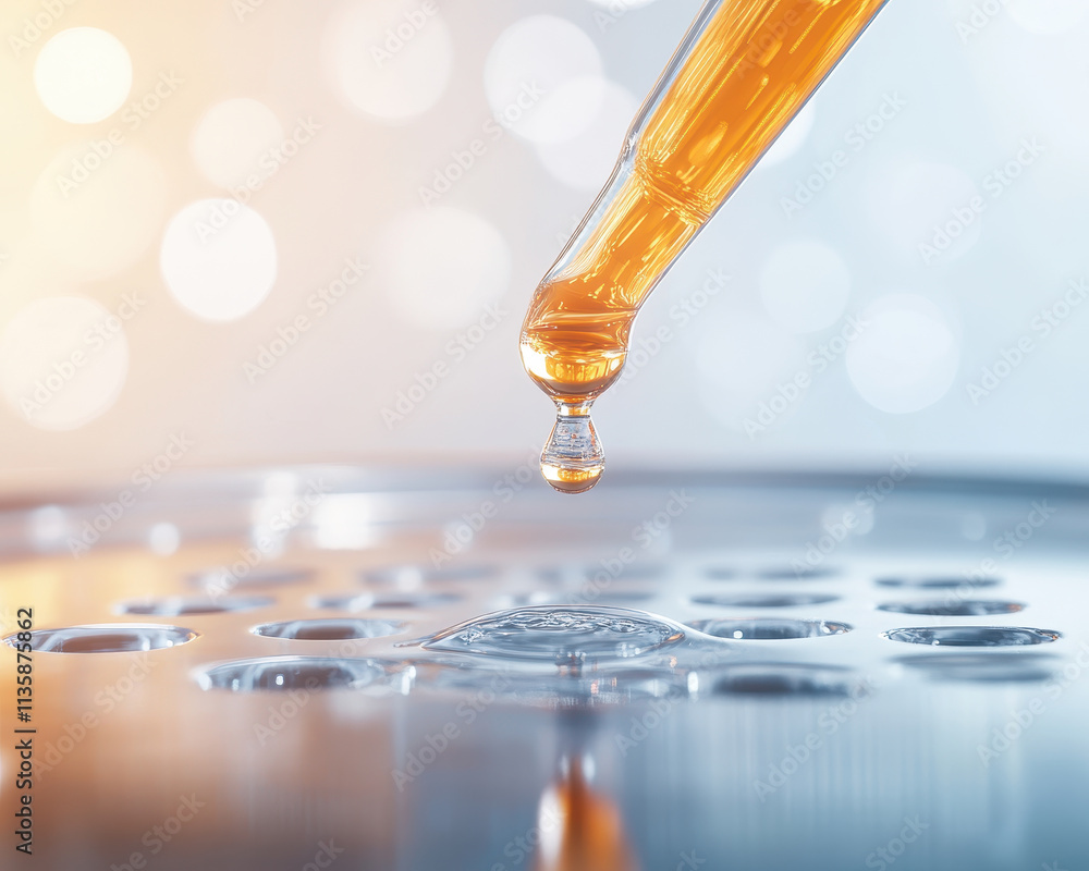 Poster close up of pipette tip ejecting droplet of liquid onto surface, showcasing precision and clarity in