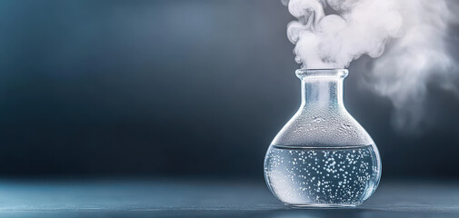 close up of boiling flask with steam rising, showcasing bubbles and condensation. scene evokes sense of scientific exploration and experimentation