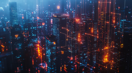 Fototapeta premium Smart digital Innovation city with connection network reciprocity over the cityscape. of future smart wireless digital city and social media networking systems that connects people with in city
