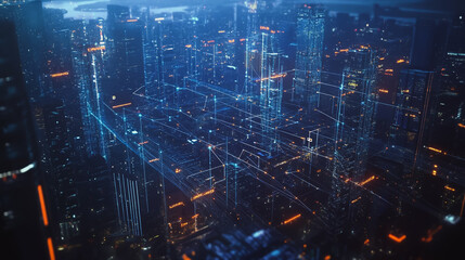 Obraz premium Smart digital Innovation city with connection network reciprocity over the cityscape. of future smart wireless digital city and social media networking systems that connects people with in city