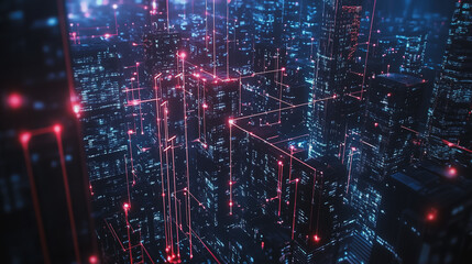 Obraz premium Smart digital Innovation city with connection network reciprocity over the cityscape. of future smart wireless digital city and social media networking systems that connects people with in city