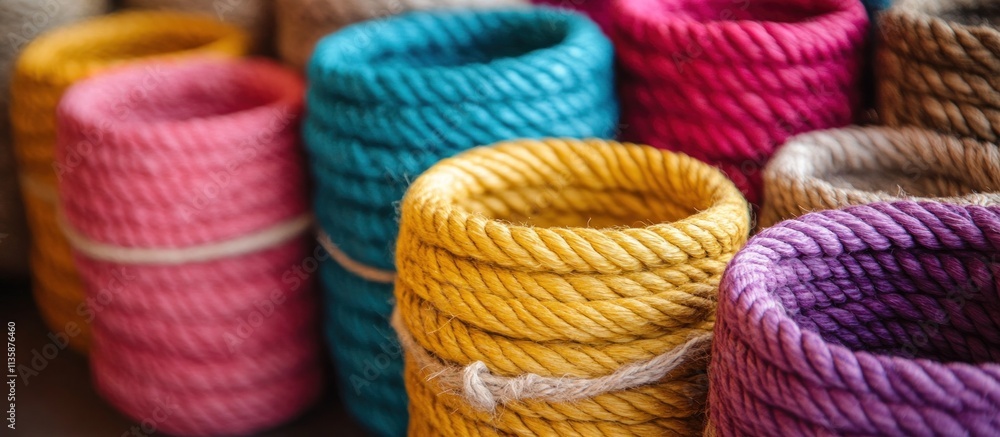 Poster close-up of colorful rope spools stacked in a row.