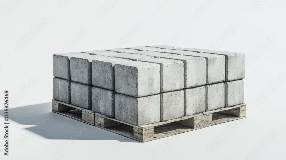 Poster stack of concrete blocks on wooden pallet with soft shadows cast on light background ideal for const