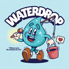 Water Drop Cute Trendy Retro Cartoon Vector Hand Drawn
