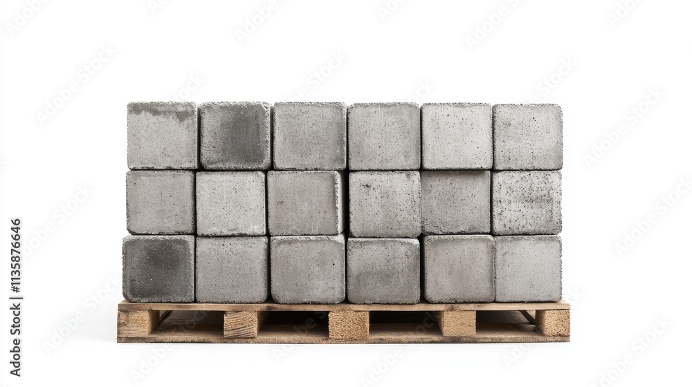 Poster stacked concrete blocks on wooden pallet isolated on white background for construction and industria