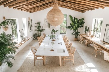Fototapeta premium Bright and Airy Modern Meeting Space with Natural Elements, Large Dining Table, and Lush Greenery, Perfect for Creative Collaborations and Workshops