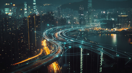 Fototapeta premium Smart digital Innovation city with connection network reciprocity over the cityscape. of future smart wireless digital city and social media networking systems that connects people with in city