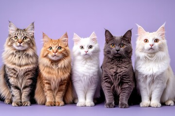 Five different breeds of cats gathered for a photo session in the studio with beautiful faces and a clean. 