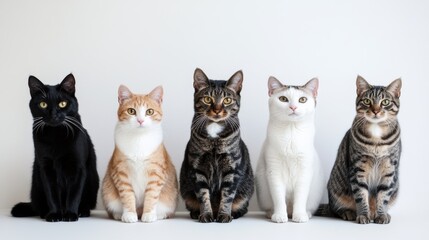 Several types of cat breeds gathered for a photo session in the studio with beautiful faces and a plain white background and the camera from afar