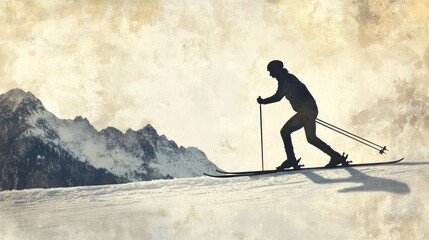 Silhouette of a Skier with Mountain Range in the Background
