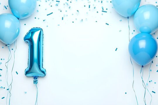 Festive celebration of the first birthday with balloons and confetti in blue tones, an inflatable balloon with the number 1 on a white background