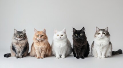 Several types of cat breeds gathered for a photo session in the studio with beautiful faces and a plain white background and the camera from afar