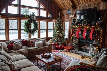 A cozy cabin living room with a fireplace decorated with garlands, wreaths, and stockings A cozy living room decorated with garlands, wreaths, and ornaments