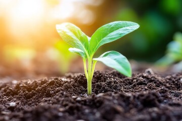 Fototapeta premium Bright Green Seedling Emerging from Rich Dark Soil with Sunlight Background, Symbolizing New Growth and Environmental Renewal in Nature
