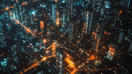 Obraz premium Smart digital Innovation city with connection network reciprocity over the cityscape. of future smart wireless digital city and social media networking systems that connects people with in city