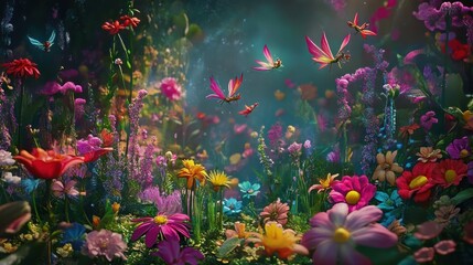 Vibrant Floral Garden with Whimsical Flying Insects