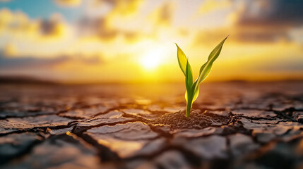 Resilient life: A young sprout emerges from cracked, arid soil against a vibrant sunset, symbolizing nature's ability to heal and regenerate after environmental challenges.