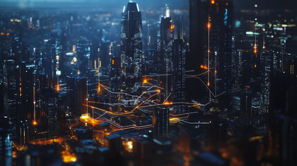 Obraz premium Smart digital Innovation city with connection network reciprocity over the cityscape. of future smart wireless digital city and social media networking systems that connects people with in city