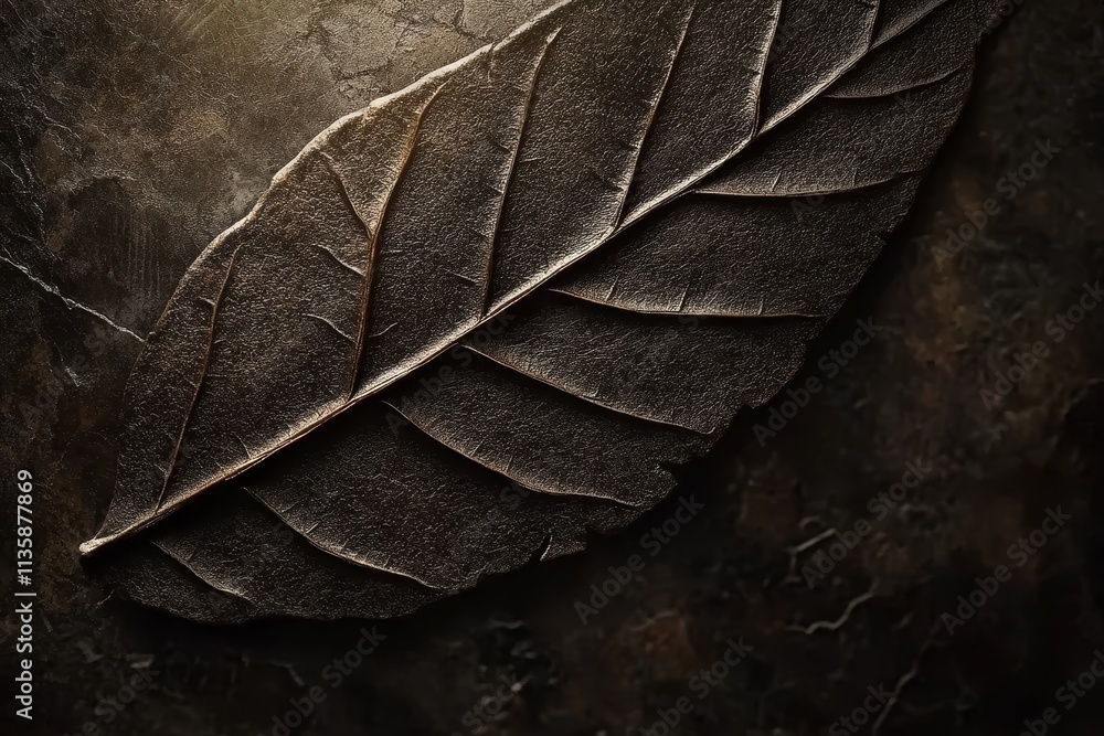 Poster close-up of an intricate, textured leaf on a dark background highlighting natural patterns and organ
