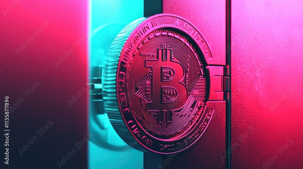 Poster a visually striking representation of a bitcoin symbol emerging from a secure vault, illuminated by 
