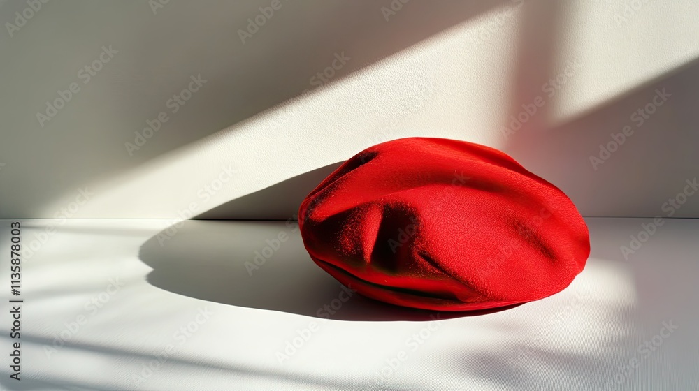 Aufkleber vibrant red beret hat resting on minimalist background with soft shadows and natural light creating 