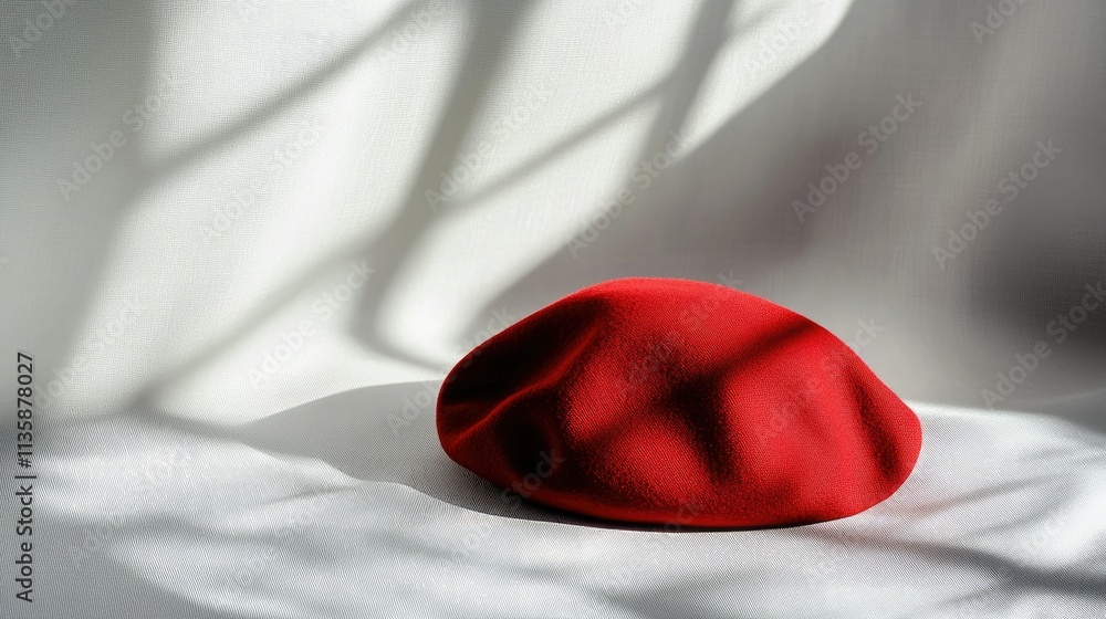Poster a vibrant red beret laid on a textured surface with shadow play, capturing the contrast between colo