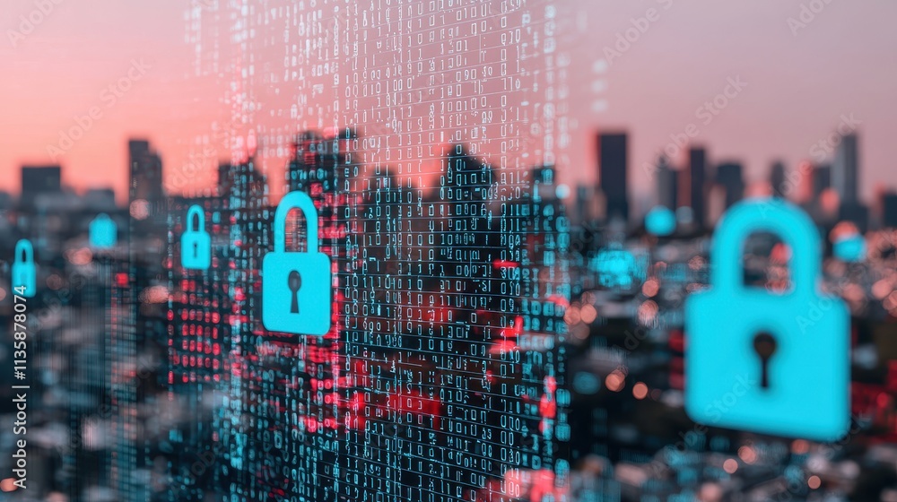 Aufkleber a digital cityscape featuring glowing blue padlocks, symbolizing cybersecurity and data protection a