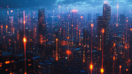 Fototapeta premium Smart digital Innovation city with connection network reciprocity over the cityscape. of future smart wireless digital city and social media networking systems that connects people with in city