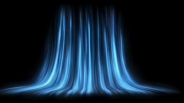 Cold air flow from conditione. Slow Waterfall. Air light effect blue rays. Freezing wind waves air blowing effect. Abstract directional optical fiber lines on black Air cooling process, Background.