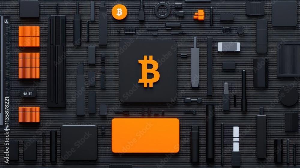 Poster a digital composition featuring a bitcoin symbol amid a backdrop of various tech and blockchain elem