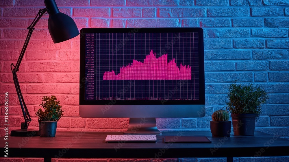 Poster a modern workspace featuring a computer displaying a vibrant graph, illuminated by colorful lighting
