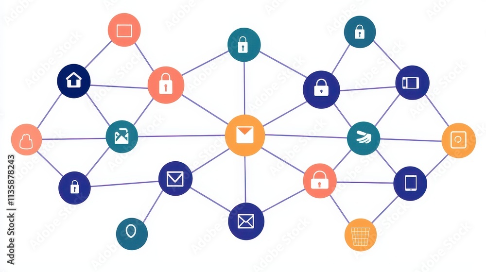 Poster a network diagram illustrating interconnected nodes representing various digital communication icons