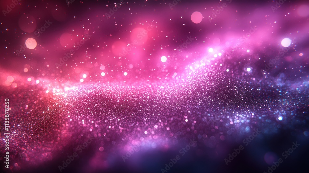 Poster a vibrant cosmic scene filled with stars and nebula-like patterns in pink and purple hues.