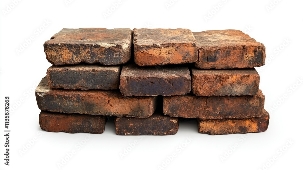 Poster a stack of weathered red bricks with textured surfaces on a white background for construction and re