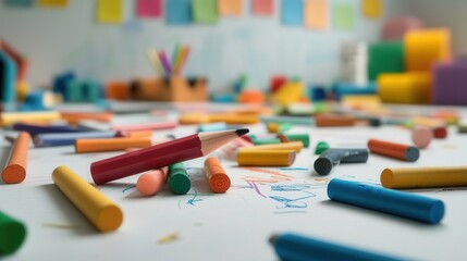 A children's playroom filled with scattered toys, crayons, and building blocks
