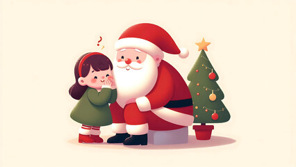 Cute Santa Claus Listening to a Child's Secret by the Christmas Tree